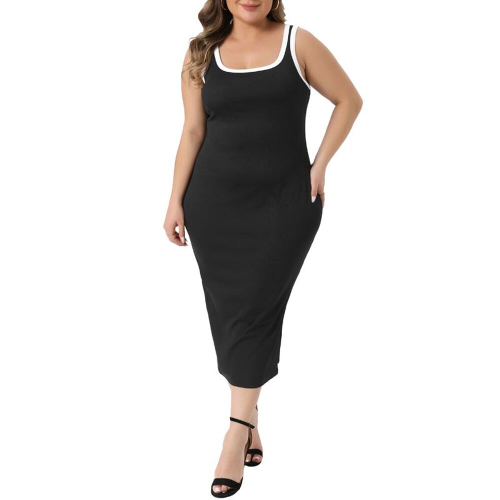 Women Plus Size Square Neck Contrast Sleeveless Tank Dresses Black